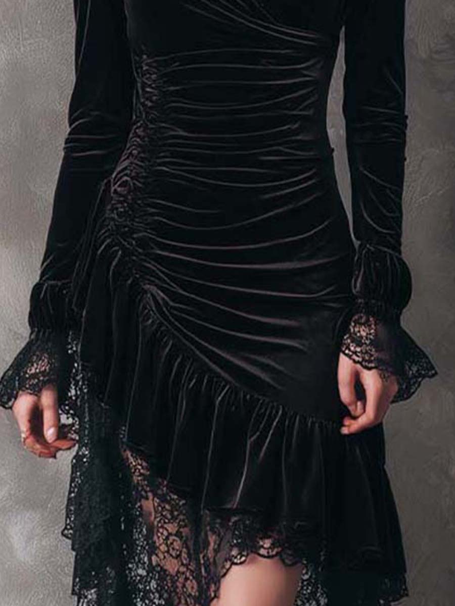 Gothic Velvet Pleated Detail High And Low Hem Lace Dress