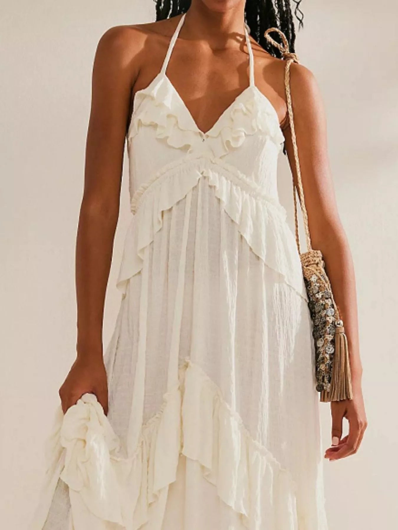Halter Neck Deep V-Neck Ruffle Tiered Backless Maxi Dress 9