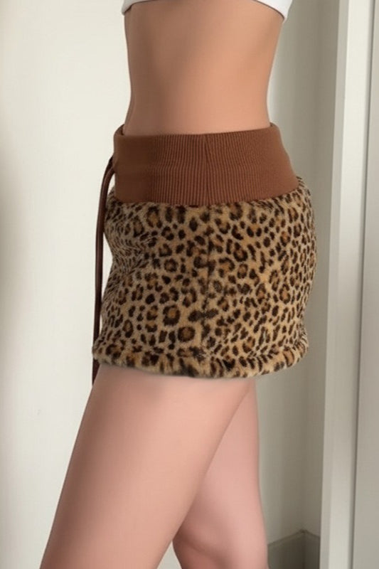 Leopard Print Faux Fur Ribbed Drawstring Waist Low Rise Mini Skirt 4
