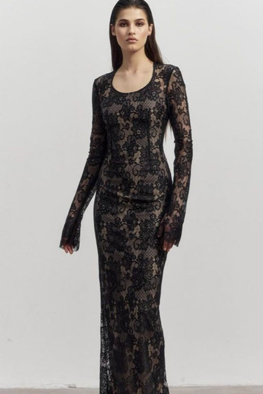 Chic Long Sleeve Bodycon Maxi Lace Dress