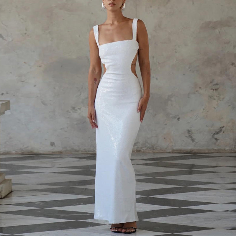 Sequin Square Neck Side Cut Out Backless Bodycon Maxi Dress