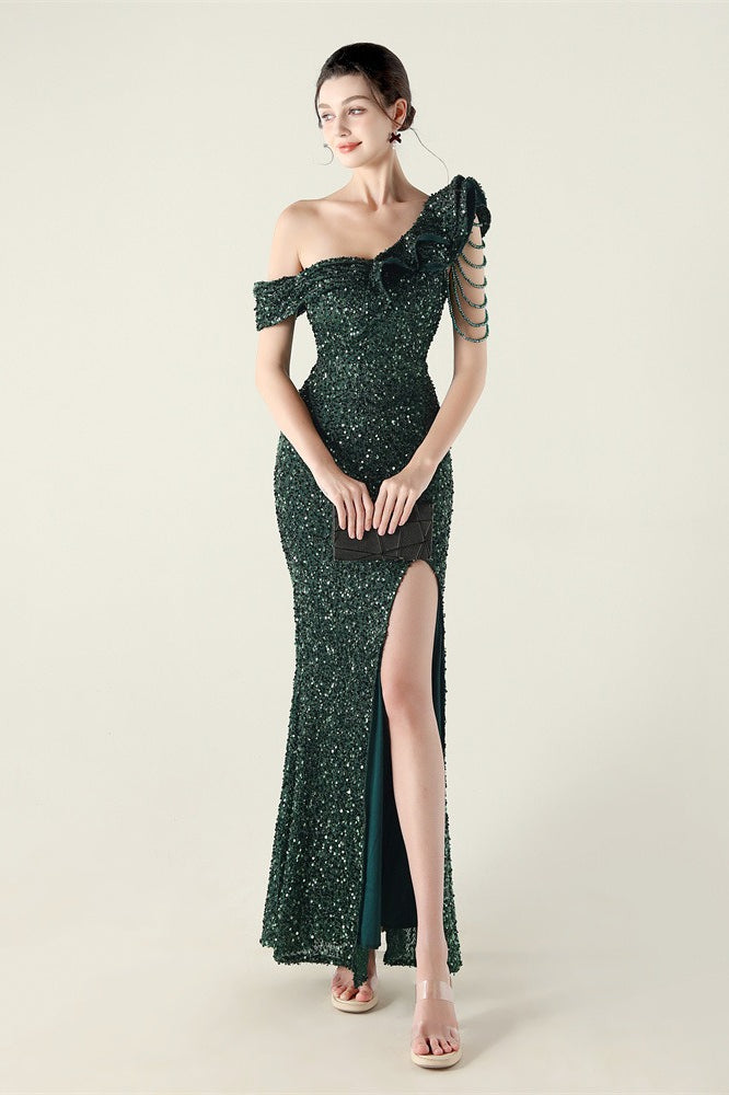 Sequin One Shoulder Ruffle High Split Mermaid Gown