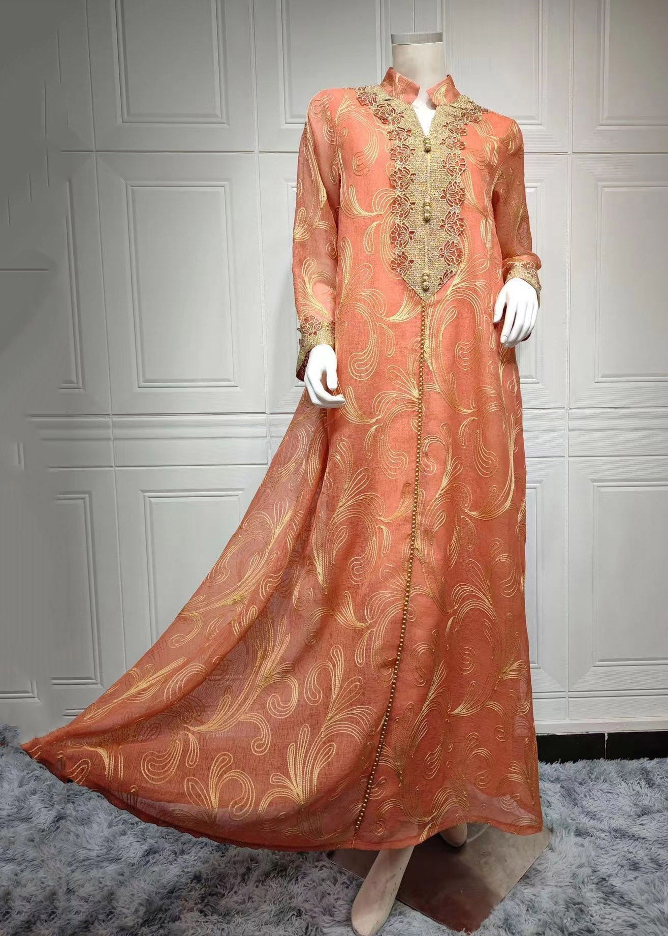 Embroidered Stand Collar Scroll Print Long Sleeve Maxi Dress