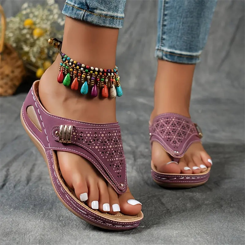 Cut Out Floral Thong Wedge Sandals