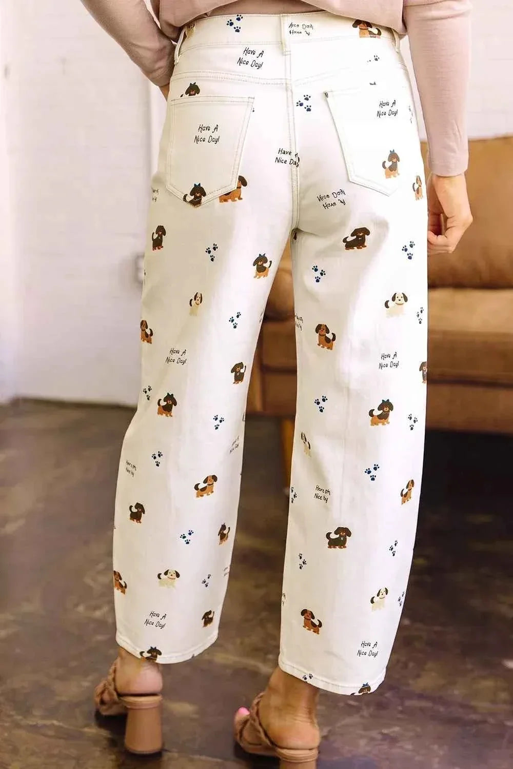Dog Print High Waist Wide Leg Barrel Jeans 2
