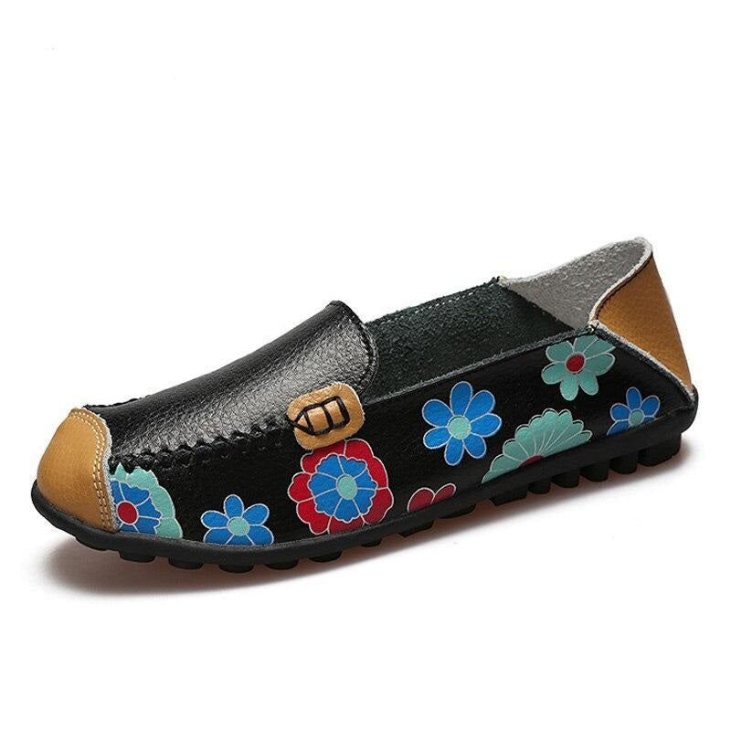Fashion Ballet Summer Flower Print Shoes Genuine Leathe Loafers Ladies Flats Shoes