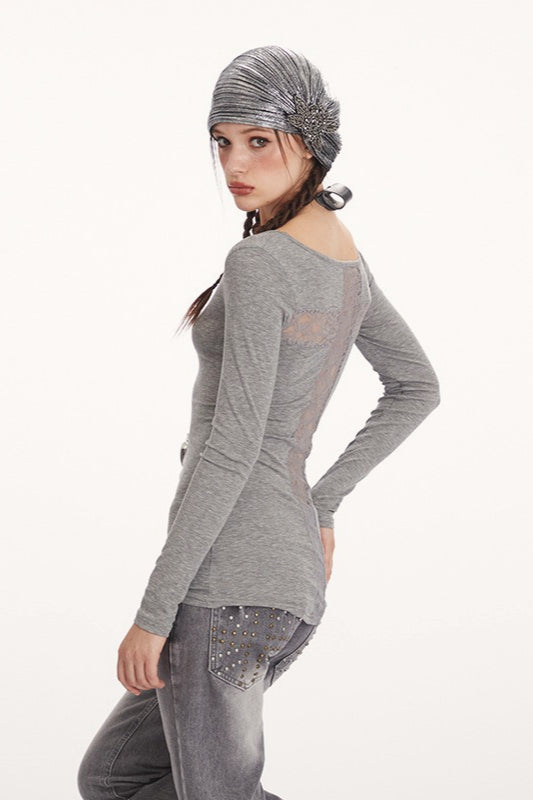Sheer Lace Trim Long Sleeve Top