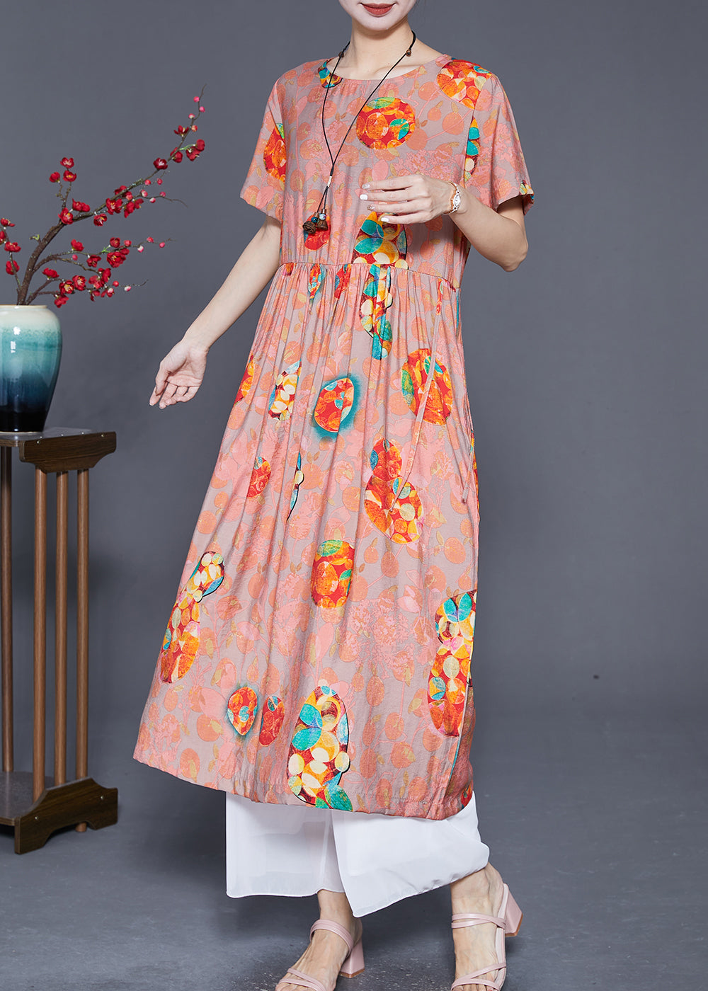 Abstract Print Round Neck Short Sleeve Empire Waist Gathered Midi Dress