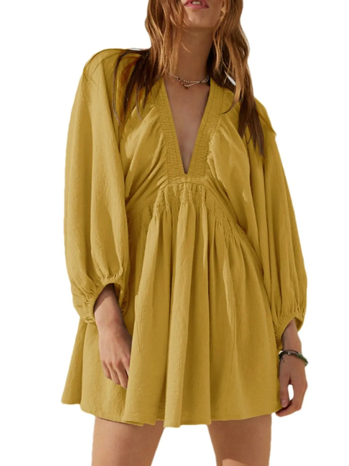 Textured Deep V-Neck Balloon Sleeve Smocked Waist Swing Mini Dress 6