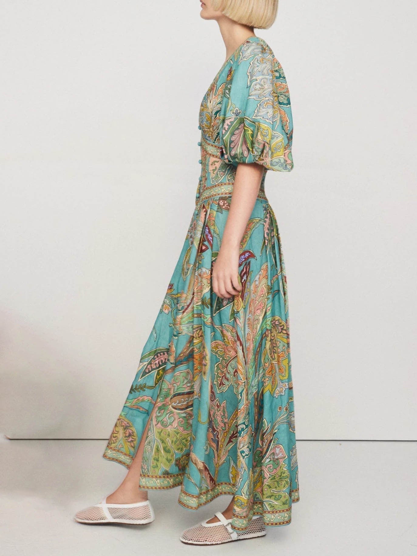 Satin Floral Print Puff Sleeve Midi Dress