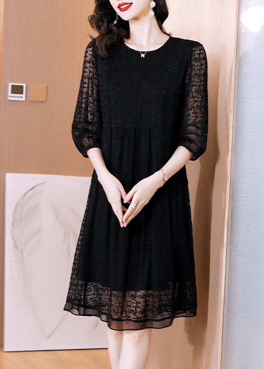 Sheer Geometric Panel Tiered Three Quarter Sleeve Mini Dress