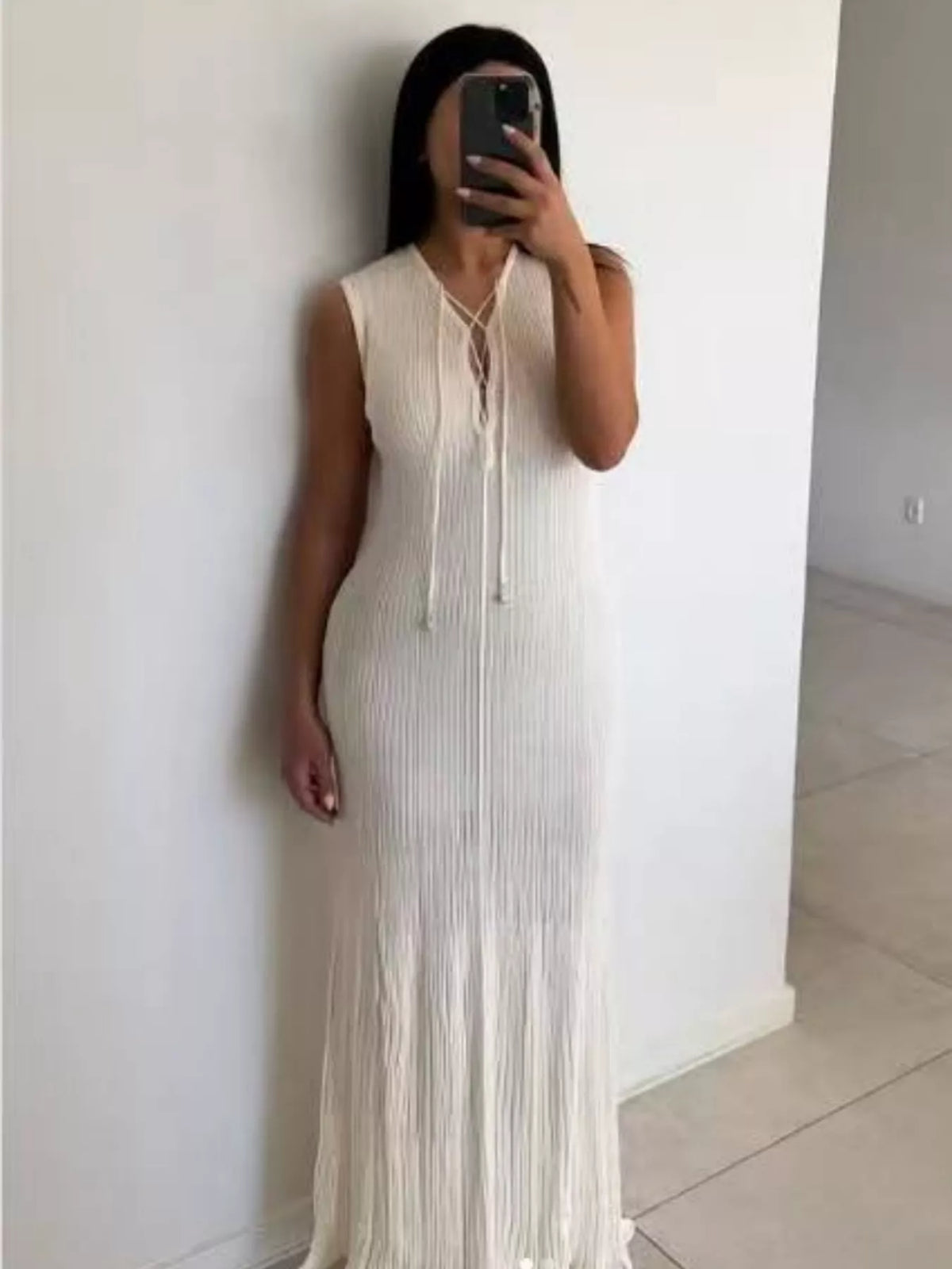 Ribbed Knit Lace Up Plunge V-Neck Sleeveless Bodycon Maxi Dress 3