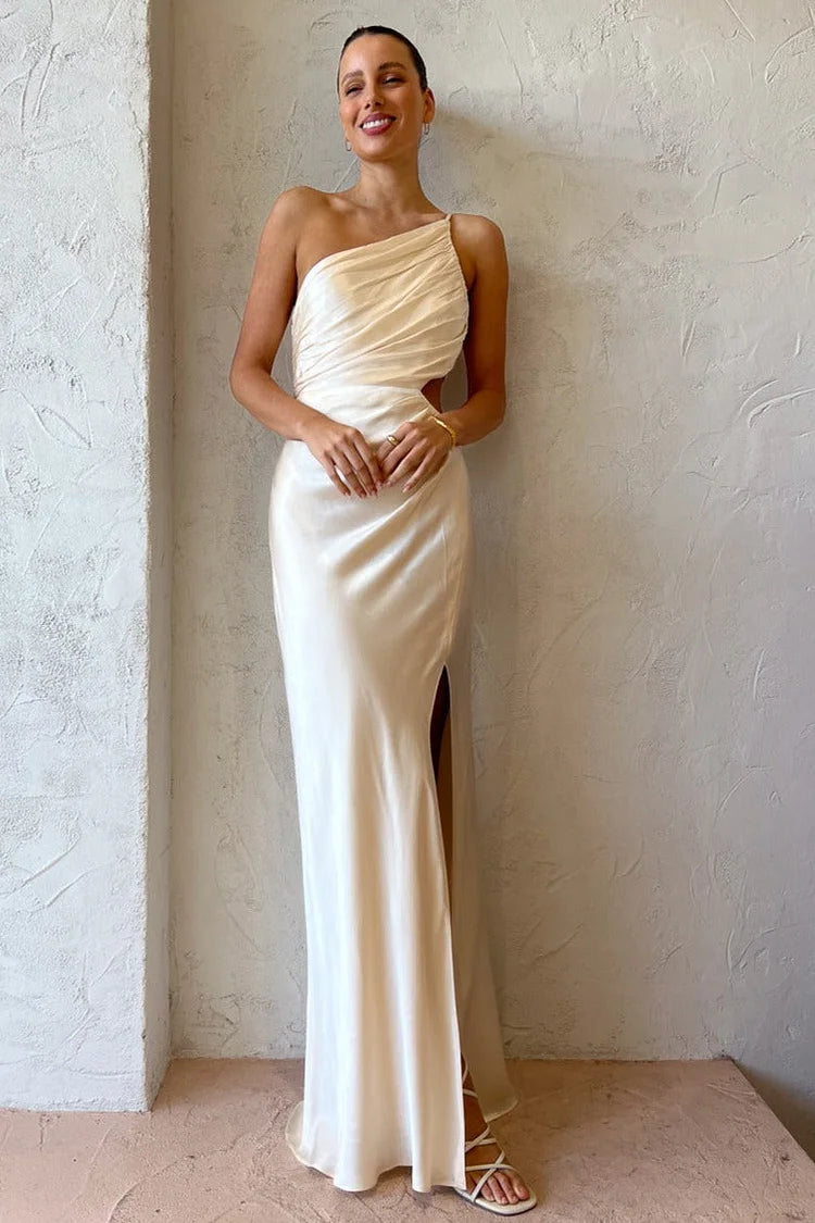One Shoulder Ruched High Split Cami Maxi Dress - View 8