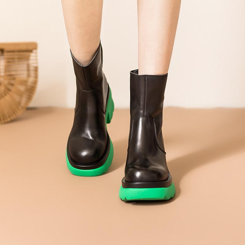 Colorful Sole Leather Short Boots Chunky Riding Boots High Heel Back Zip