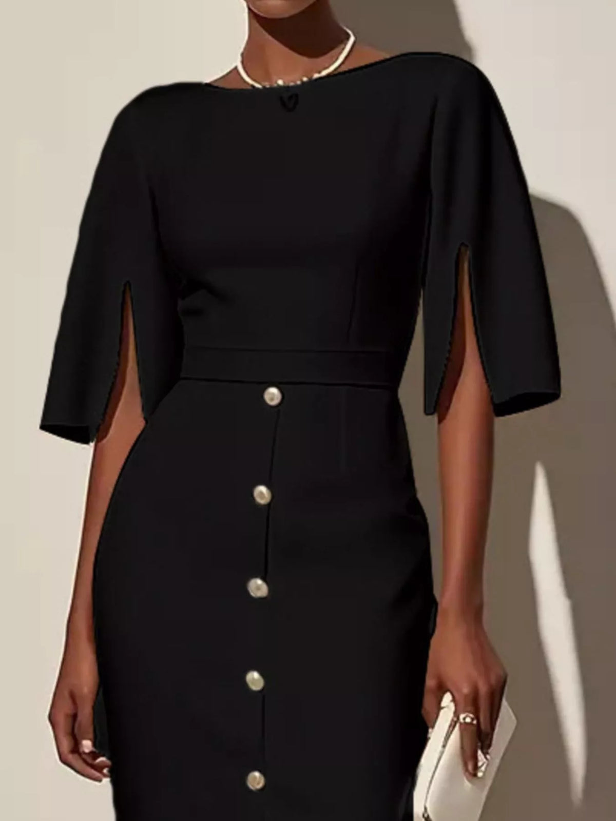 Boat Neck Split Sleeve Belted Button Front Pencil Midi Dress 5