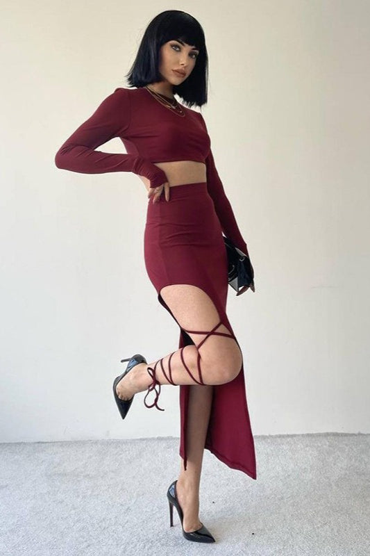 Crew Neck Long Sleeve Crop Top and Lace Up High Split Maxi Skirt Two Piece Set 5