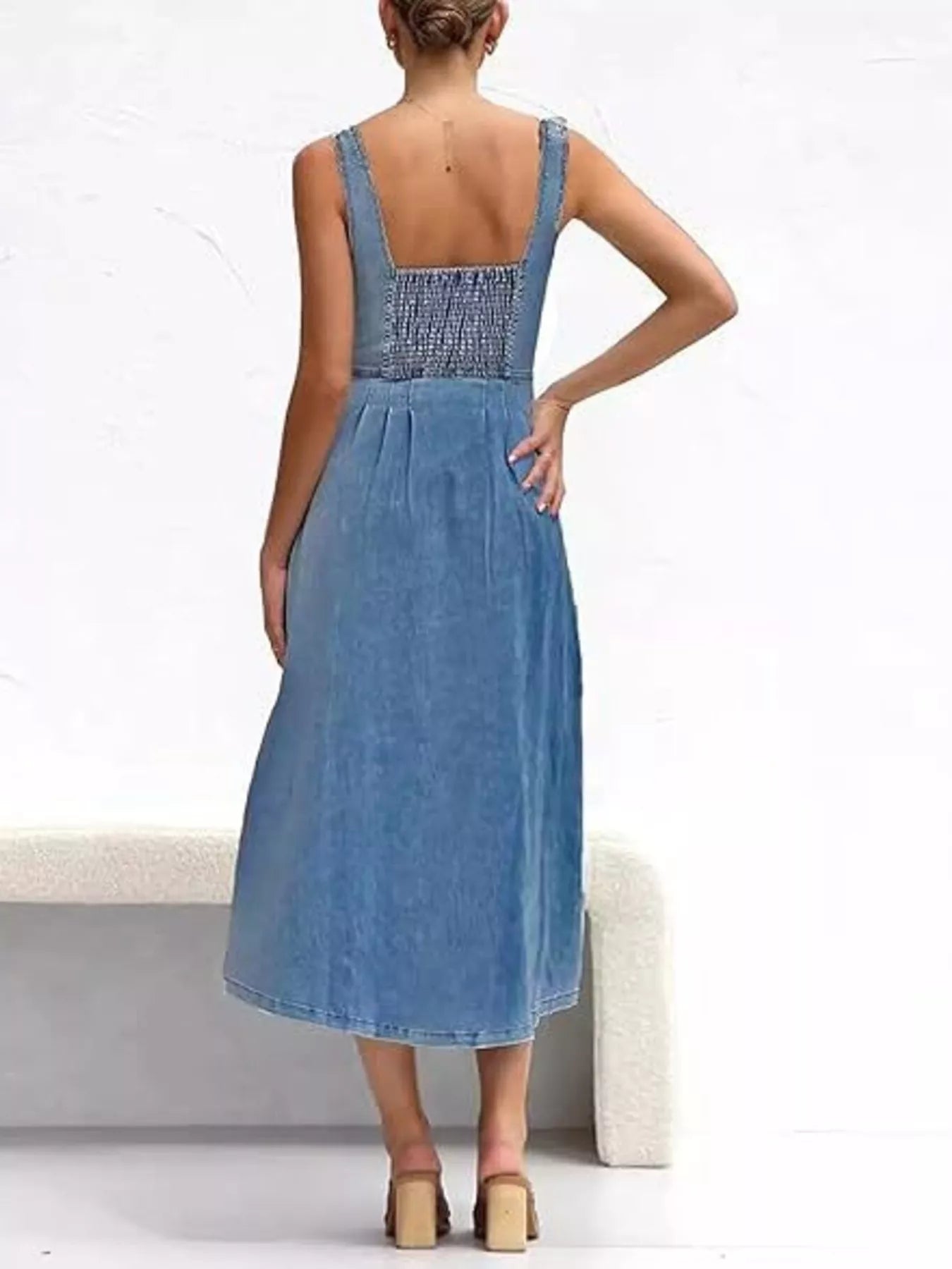 Smocked Back Button Front Denim Midi Dress