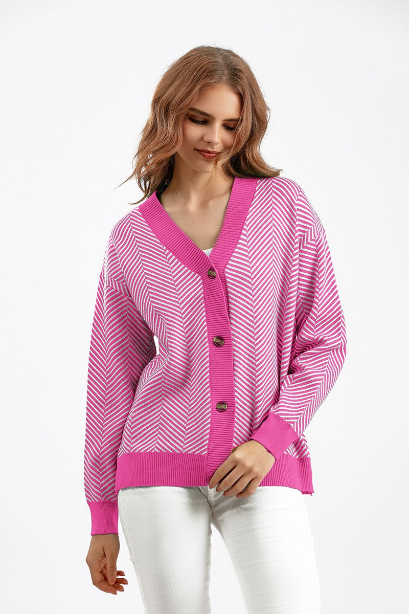 V-Neck Button Front Chevron Stripe Long Sleeve Knit Cardigan 19