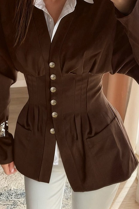 V-Neck Long Sleeve Pleated Cinched Waist Button Front Peplum Blouse 3