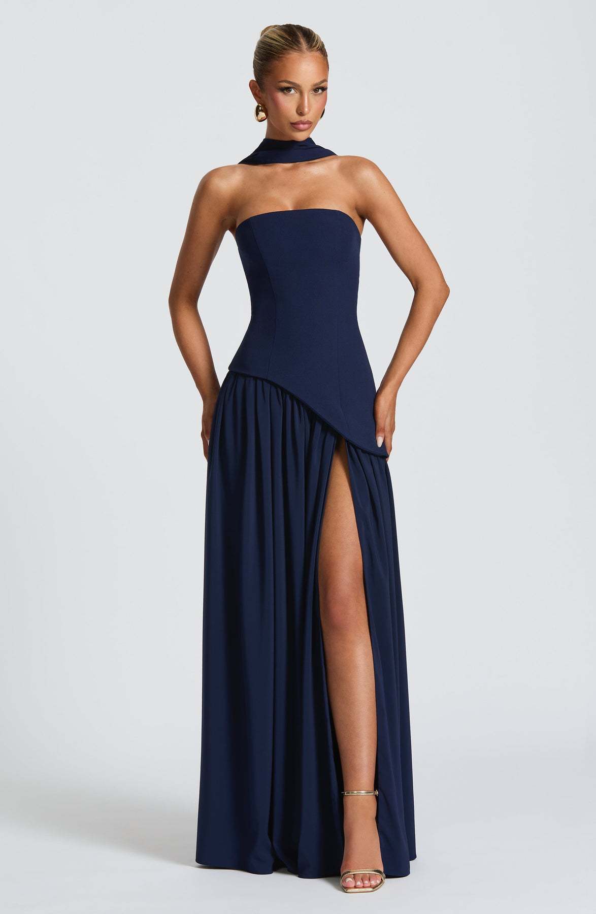 Strapless Asymmetric Drop Waist High Split Maxi Dress with Scarf 39
