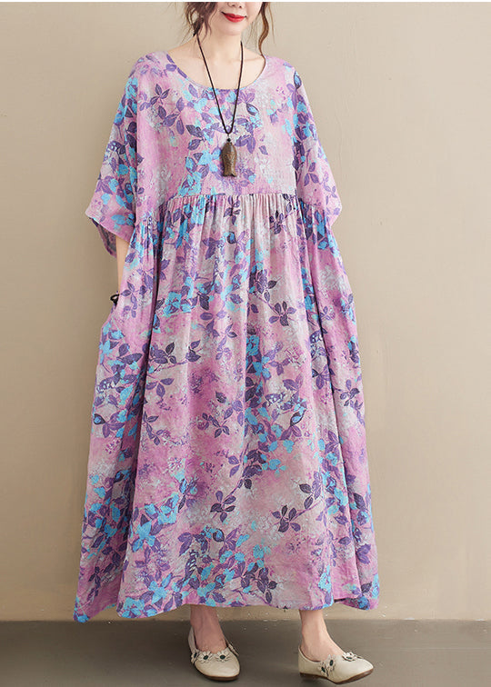 Botanical Print Round Neck Drop Shoulder Short Sleeve Empire Waist Smock Maxi Dress