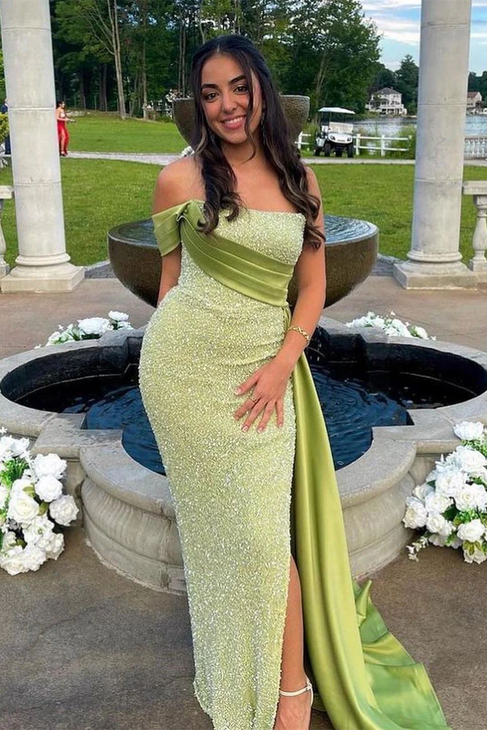 Amazing One Shoulder Sequins Satin Split Prom Dress Sexy Party Evening Dress cc1690