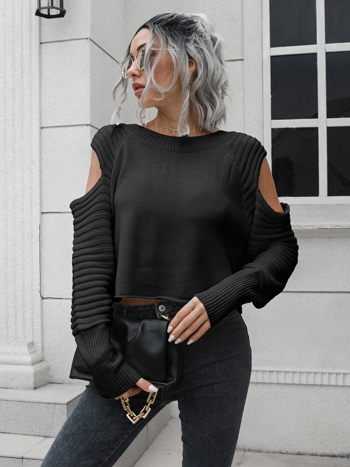 Cold Shoulder Round Neck Ribbed Long Sleeve Cropped Sweater