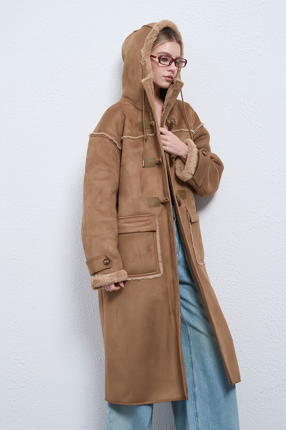 Hooded Suede Shearling Horn Button Long Thick Overcoat