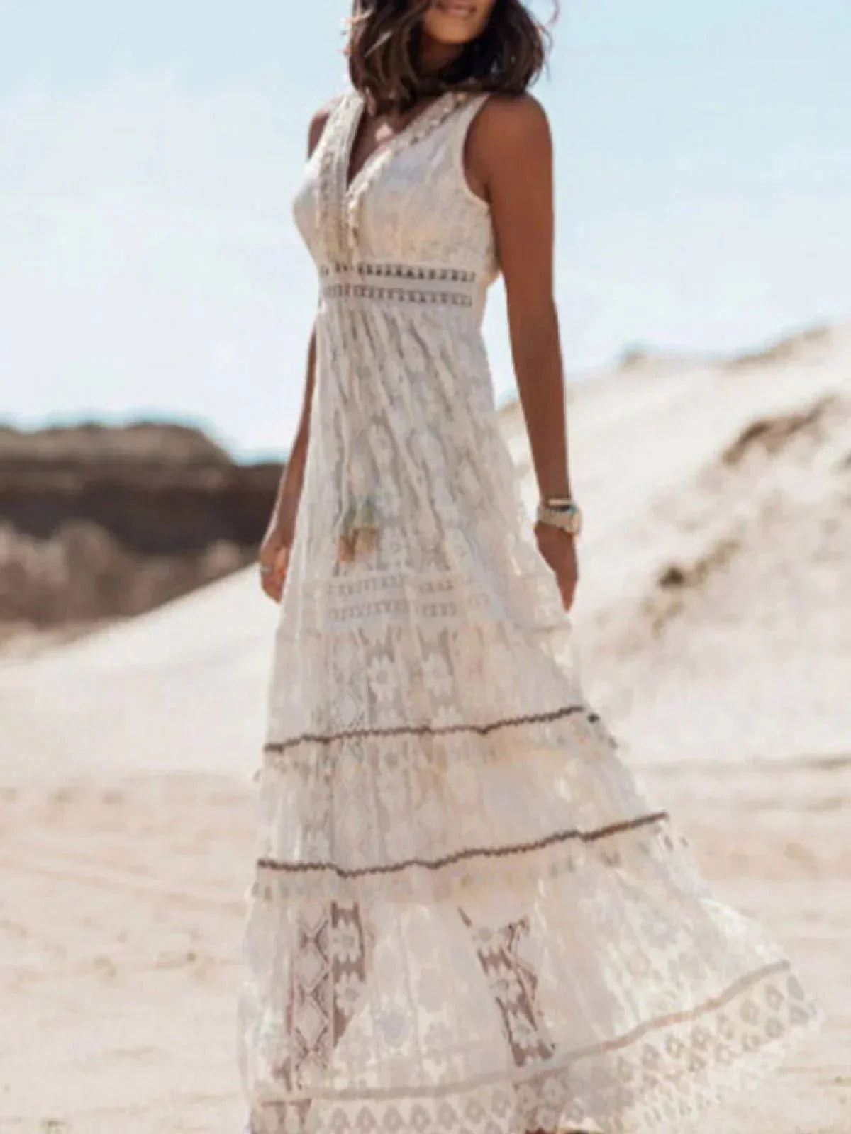 Lace Crochet Deep V-Neck Tassel Trim High Split Maxi Dress