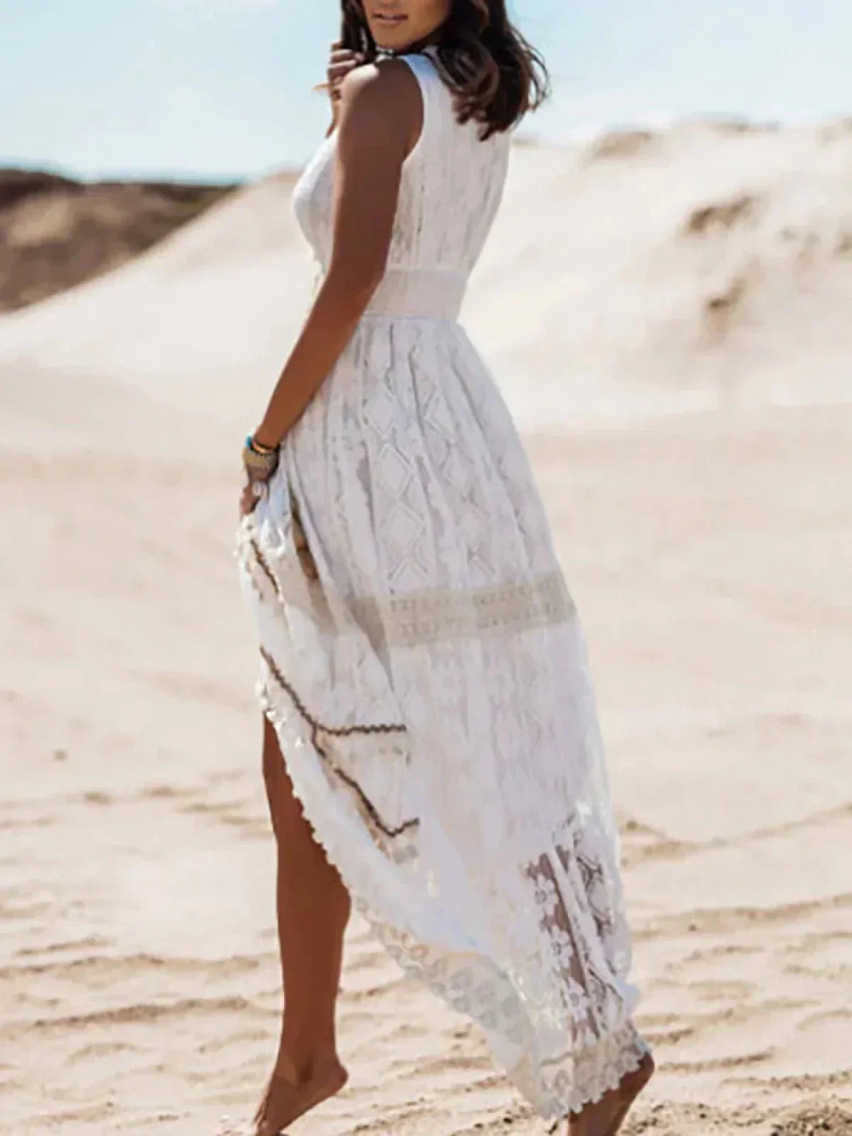 Lace Crochet Trim Sleeveless Deep V-Neck High Split Maxi Dress