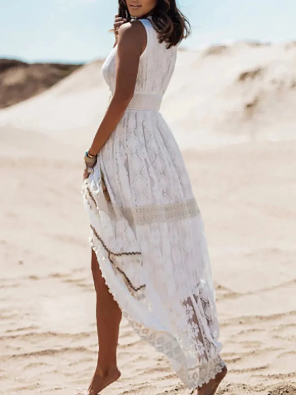 Lace Crochet Trim Sleeveless Deep V-Neck High Split Maxi Dress - View 5