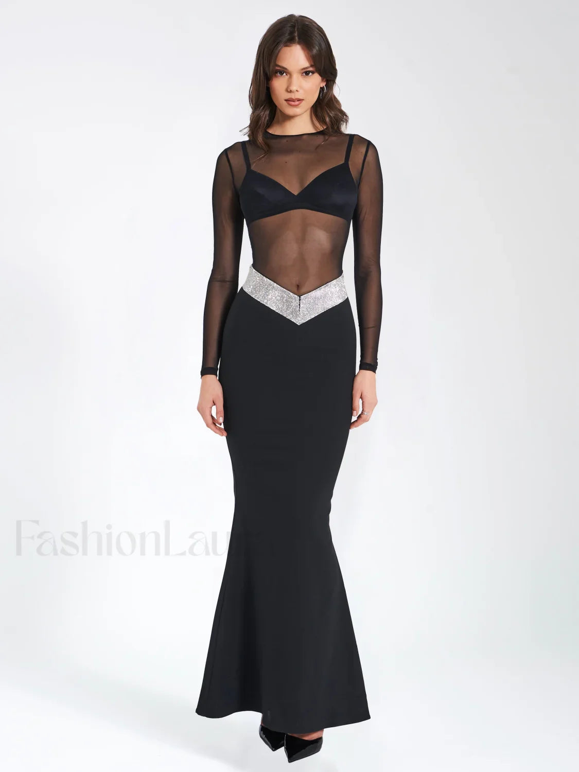 Aggie Black Sheer Maxi Graceful Dress With Crystal Waist Trim