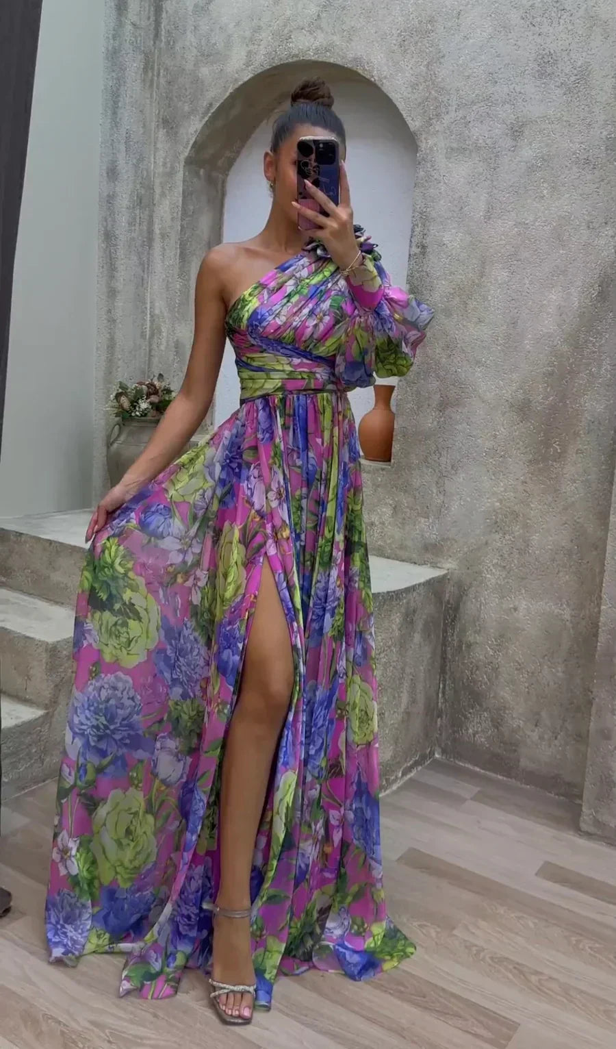 Floral Chiffon One Shoulder Puff Sleeve High Split Maxi Dress