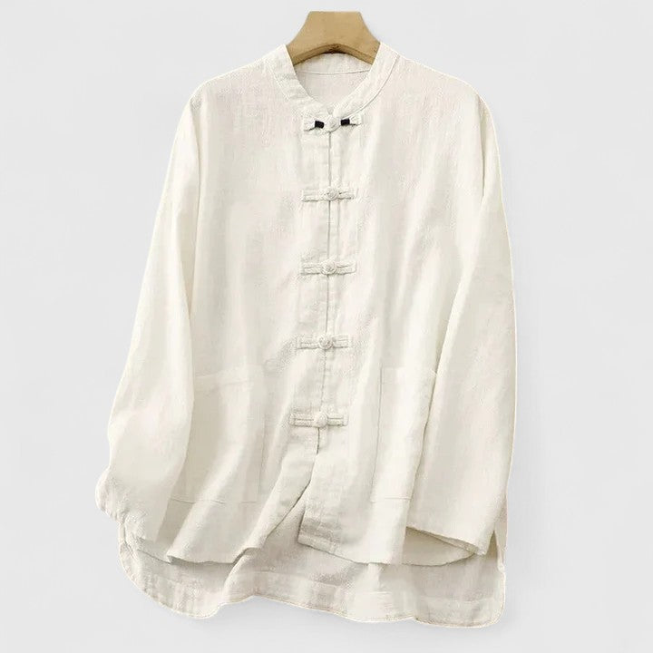 Linen Look Band Collar Button Front Shirt