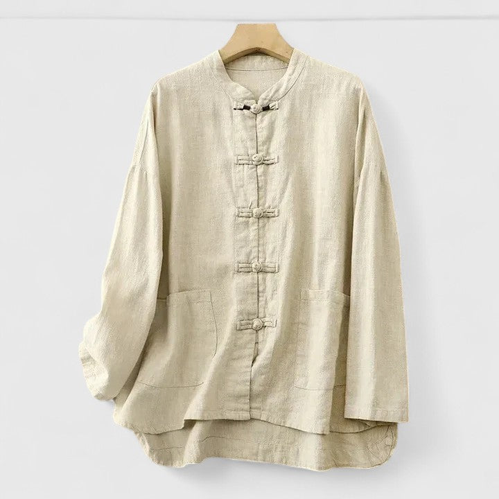 Linen Look Band Collar Button Front Shirt