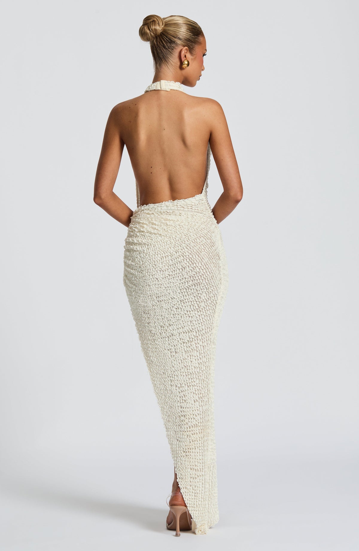 Textured Knit Plunge Cowl Halter Ruched Tie Side High Split Maxi Dress 4