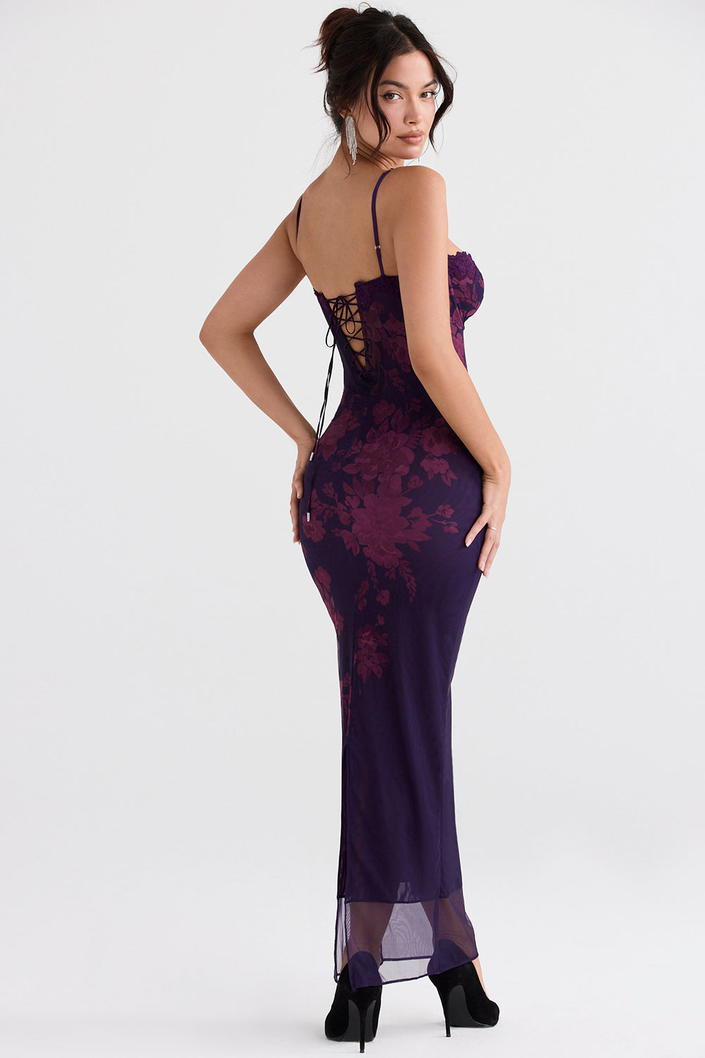 Floral Print Mesh Lace Trim Sweetheart Cami Bodycon Maxi Dress 8