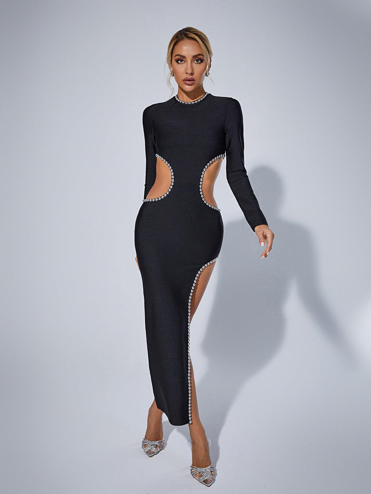 Long Sleeve Rhinestone Trim Waist Cut Out Bandage High Split Maxi Dress