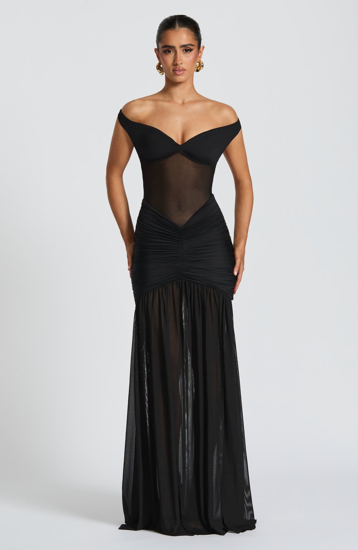 Off Shoulder Sheer Mesh Corset Ruched High Split Maxi Gown 5