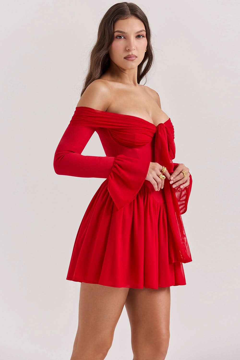 Off Shoulder Bow Front Corset Flare Sleeve Contrast Mini Dress 4