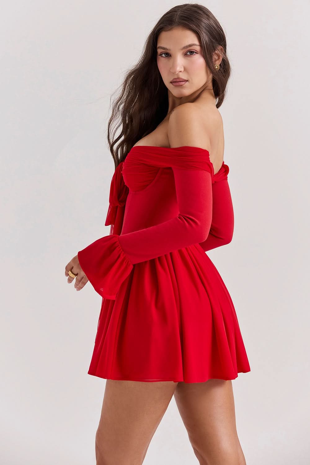 Off Shoulder Bow Front Corset Flare Sleeve Contrast Mini Dress 5