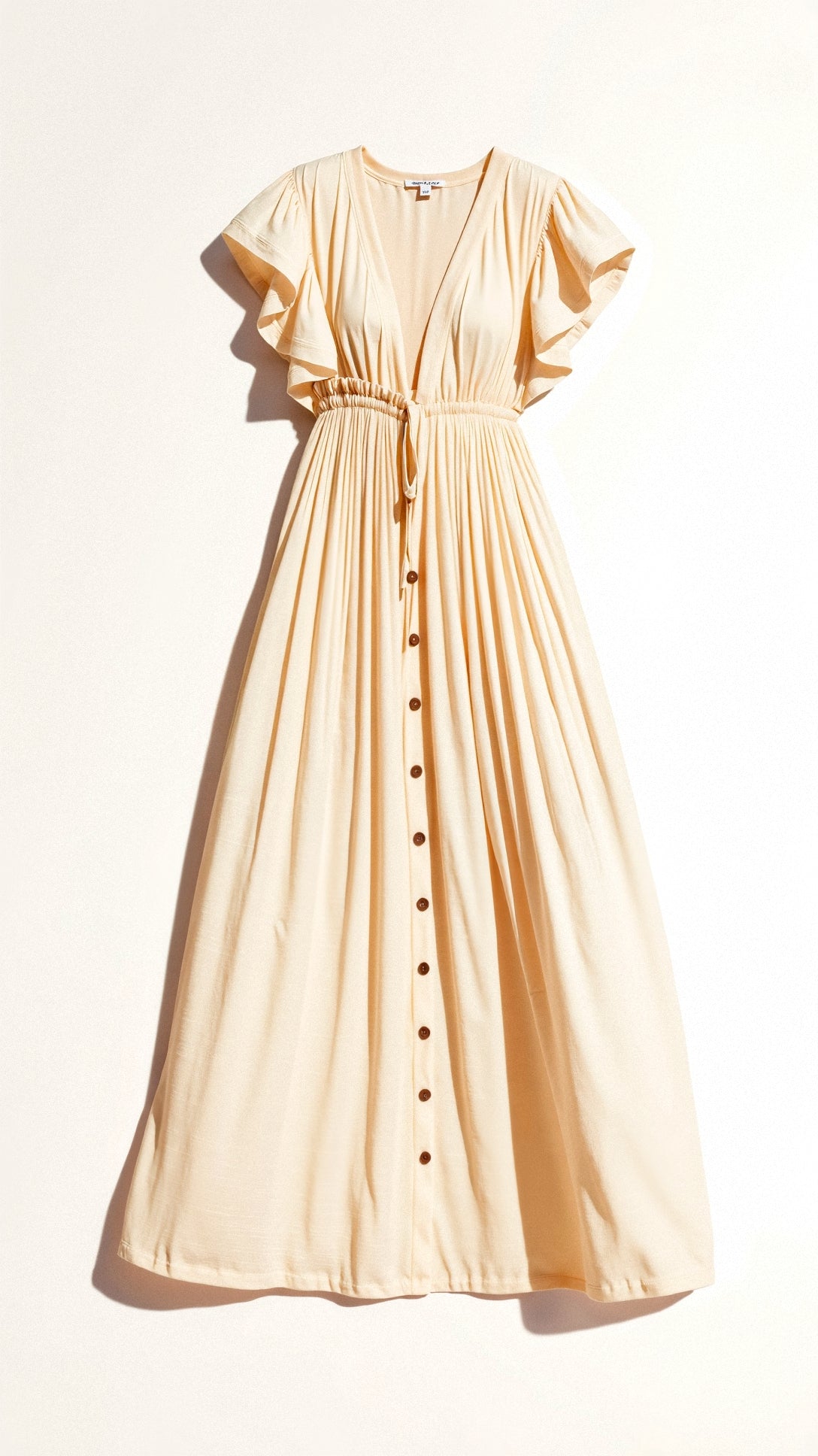Rib Knit Deep V-Neck Flutter Sleeve Empire Waist Button Front Pocket Maxi Dress