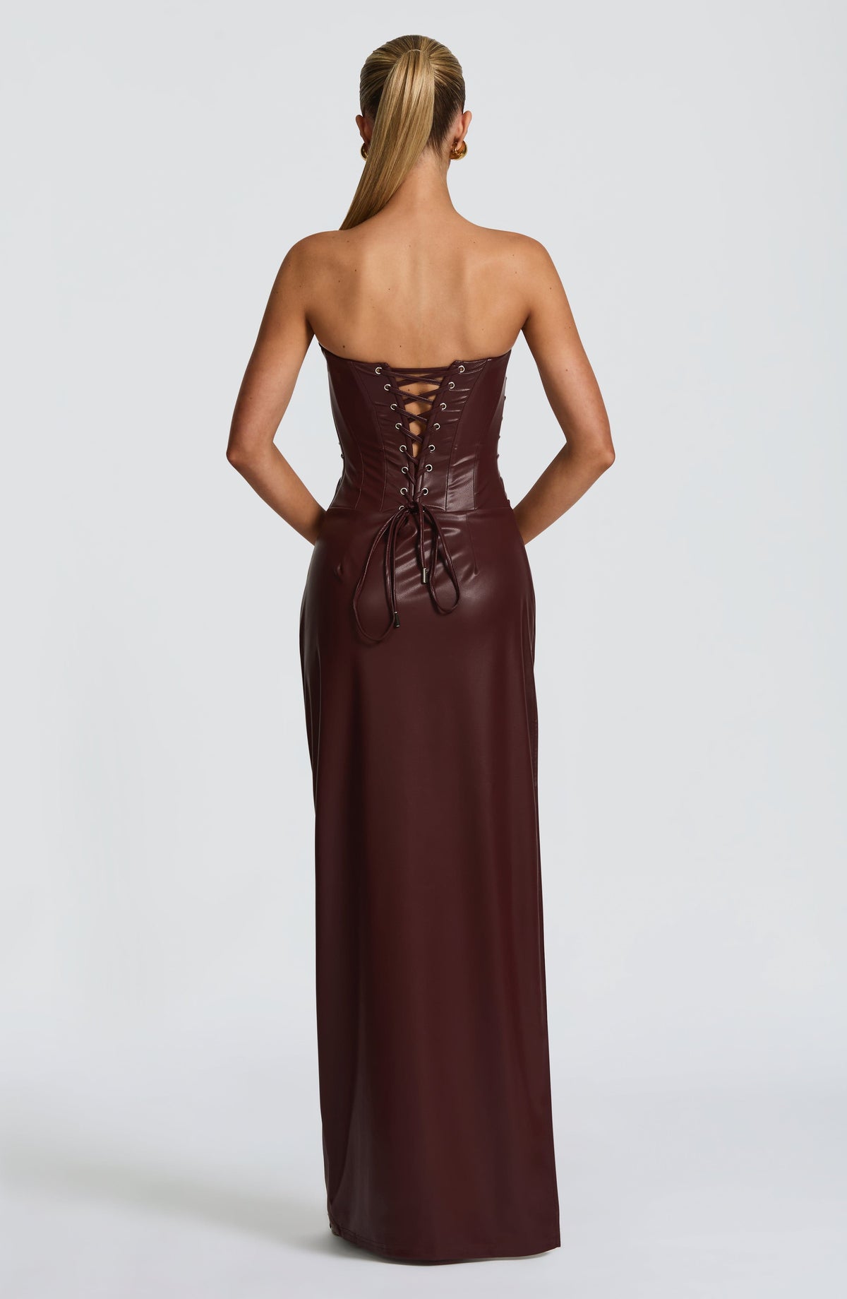 Faux Leather Strapless Ruched Corset High Split Maxi Dress 6