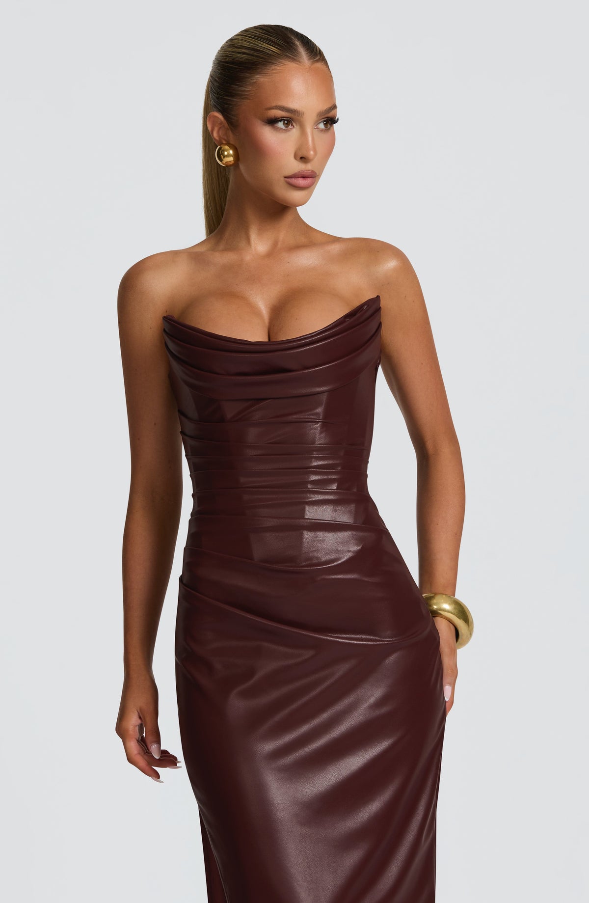 Faux Leather Strapless Ruched Corset High Split Maxi Dress 7