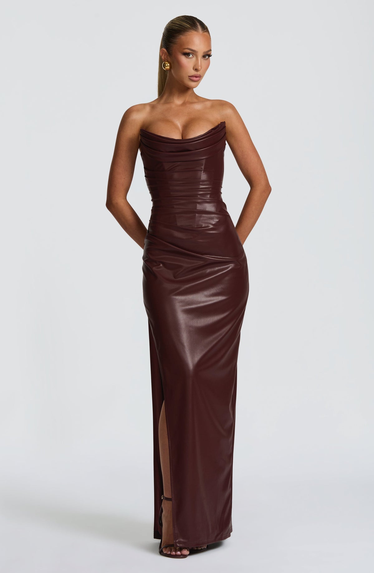 Faux Leather Strapless Ruched Corset High Split Maxi Dress 8