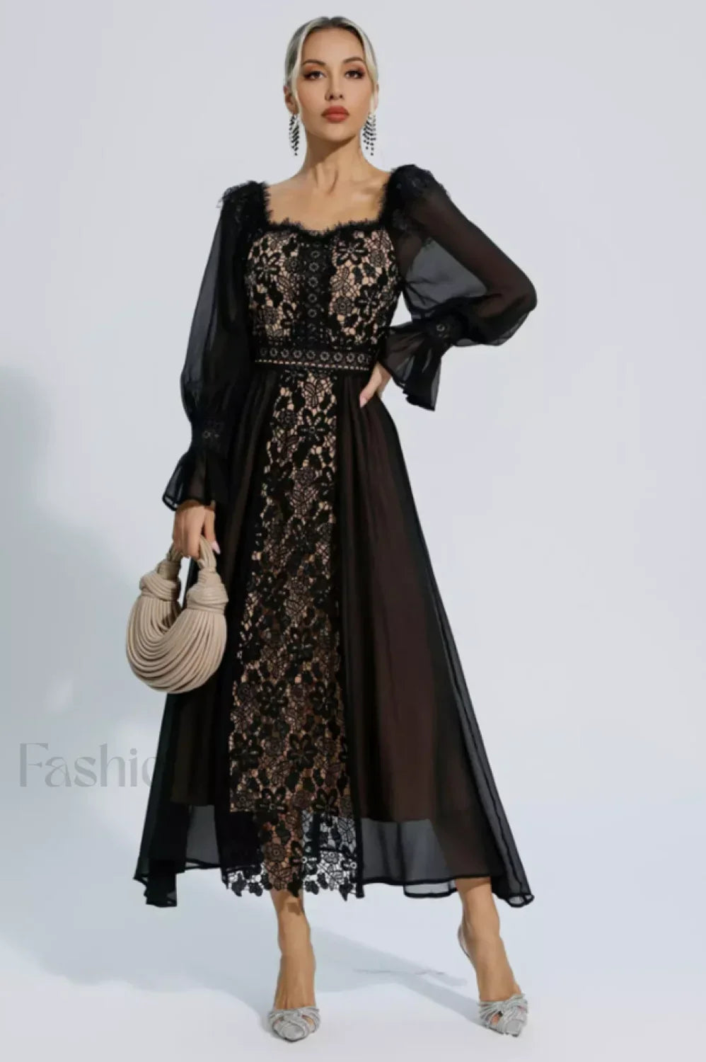 Aliana Floral Hollow Charming Long Sleeve Dress