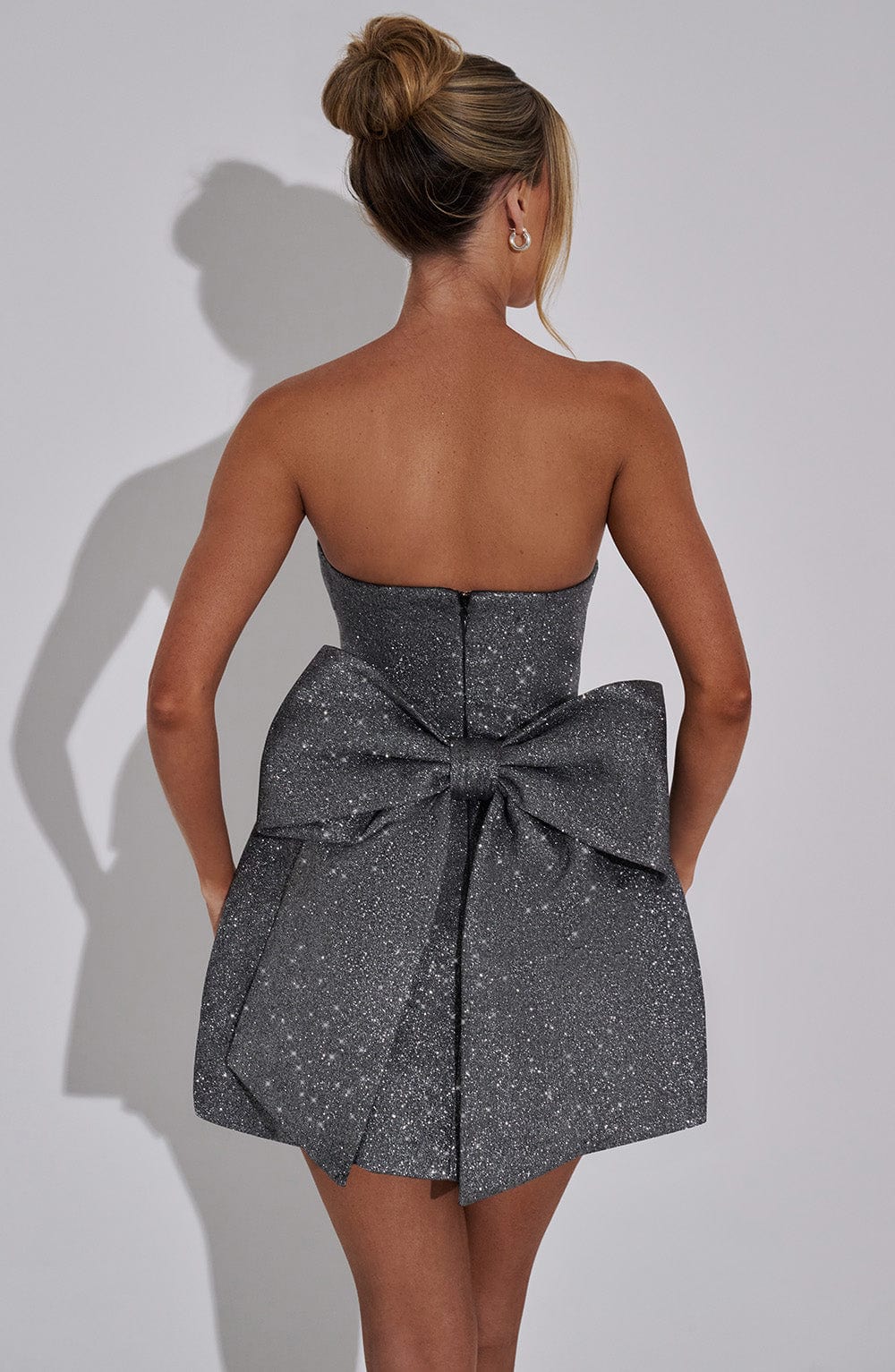 Glitter Strapless Back Bow Puffball Mini Dress 13