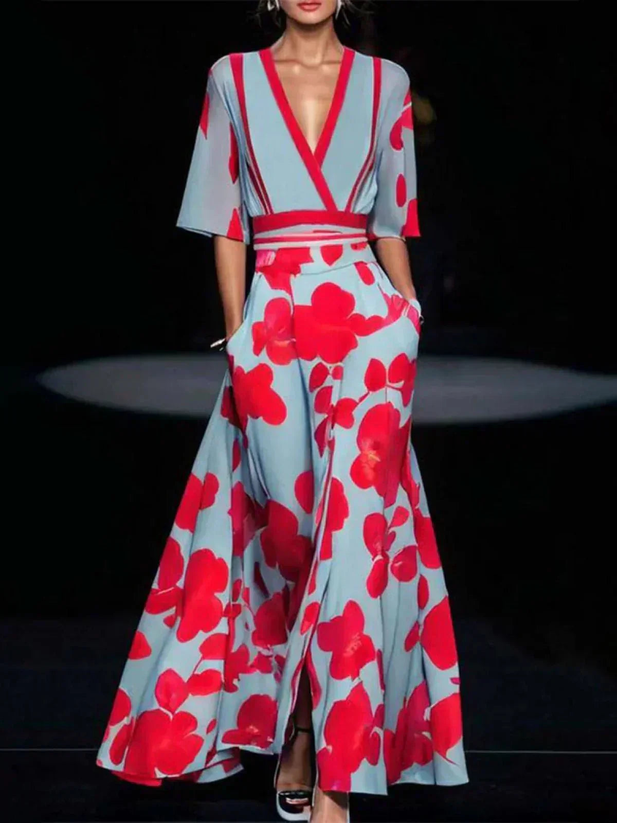 Floral Print Deep V-Neck Wrap Kimono Sleeve Stripe Waistband Pocket A-Line Maxi Dress