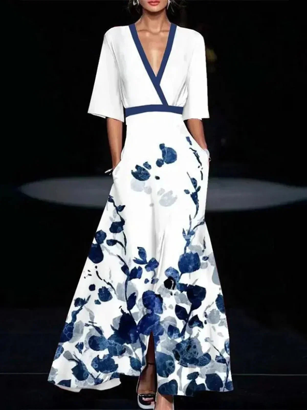 Floral Print Deep V-Neck Wrap Kimono Sleeve Stripe Waistband Pocket A-Line Maxi Dress