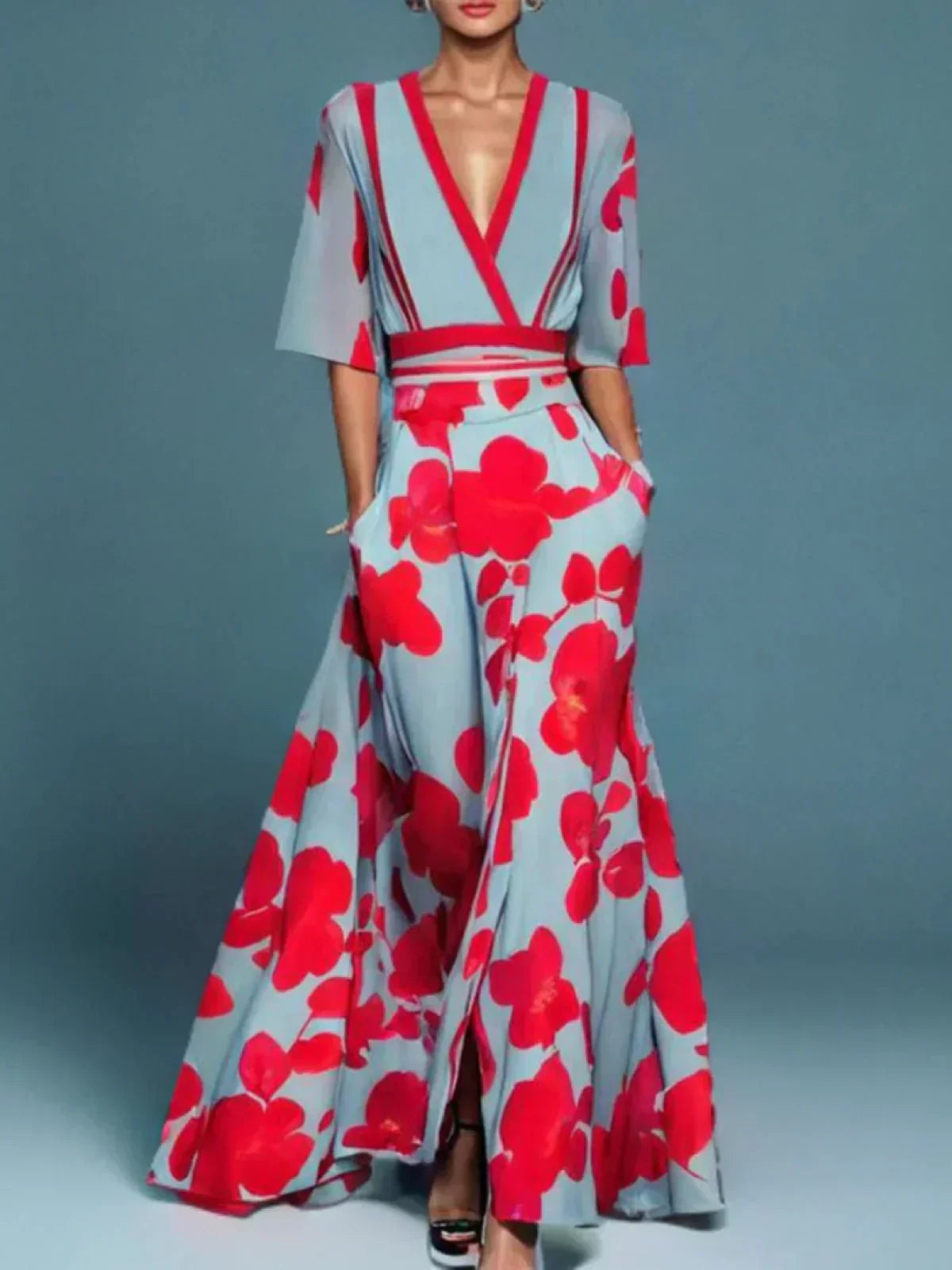 Floral Print Deep V-Neck Wrap Kimono Sleeve Stripe Waistband Pocket A-Line Maxi Dress